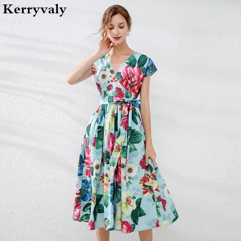 Bohemian Retro Printed Floral Summer Beach Dress Vestidos Za Verano 2020 V-neck Slim Holiday Expandable Midi Party Dress K3961