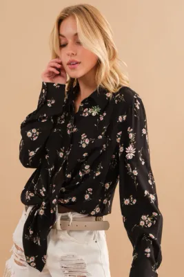 Floral Button Up Jeweled Shirt Blouse