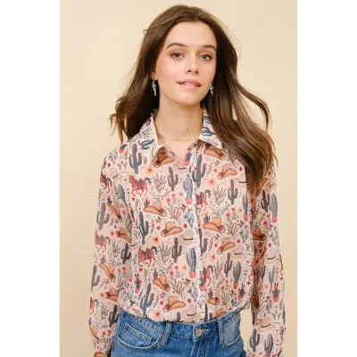 Western Chiffon Button Up Blouse