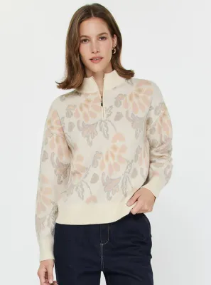 Cream Floral Zip Sweater