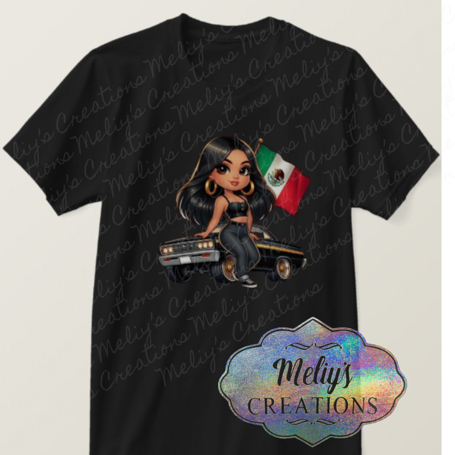 Lowrider with girl and Mexican flag