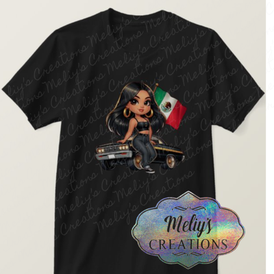 Lowrider with girl and Mexican flag