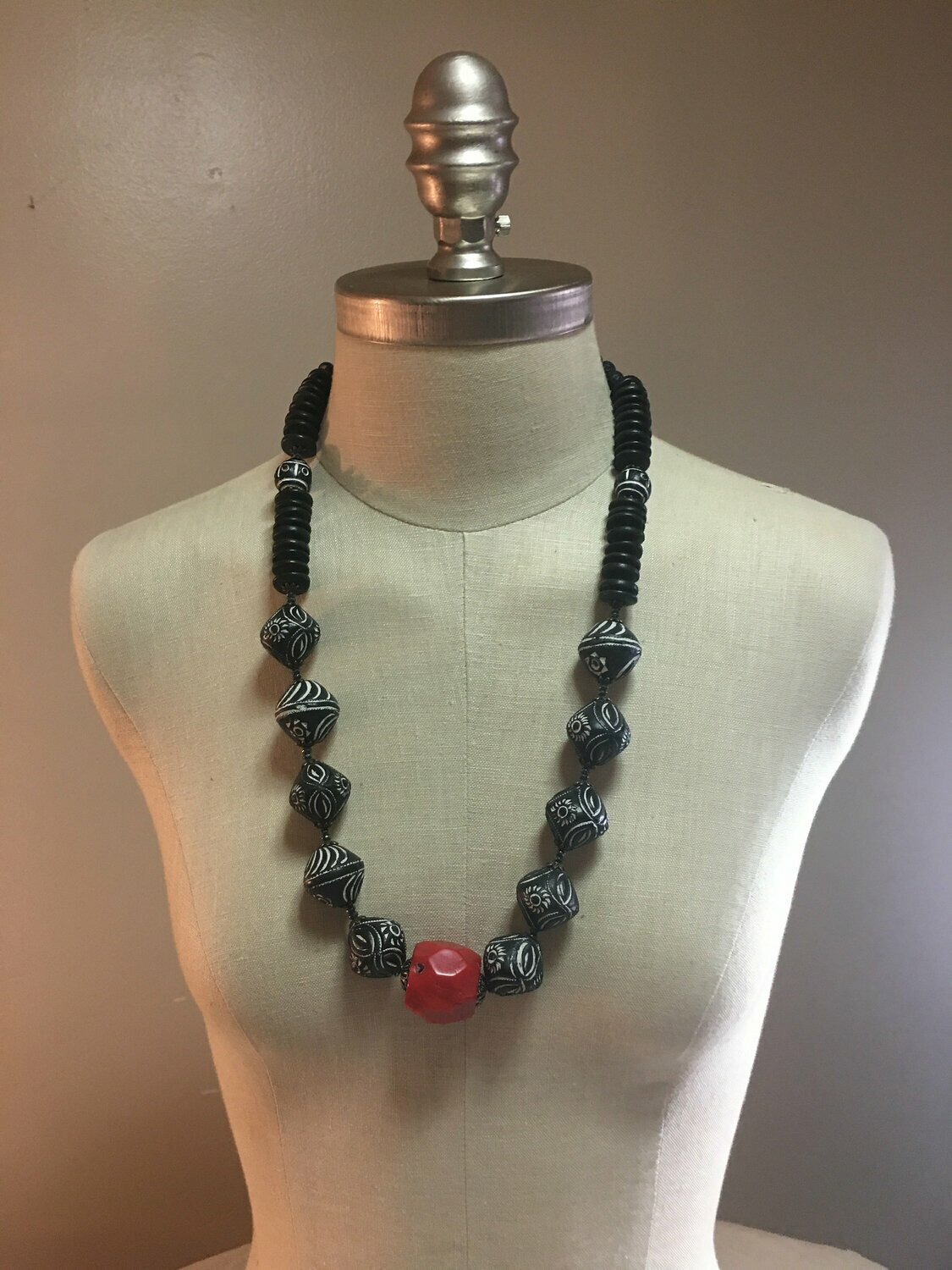 Red Coral and  Mali Clay Bead Necklace