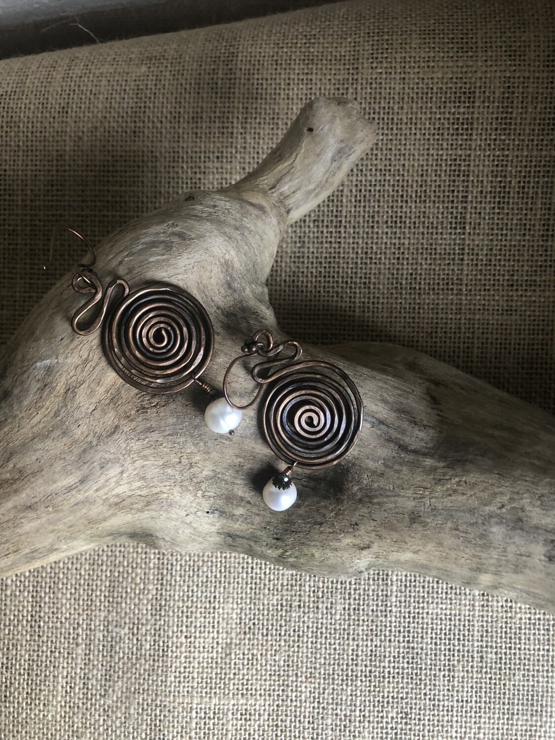 Copper spirals and baroque pearls