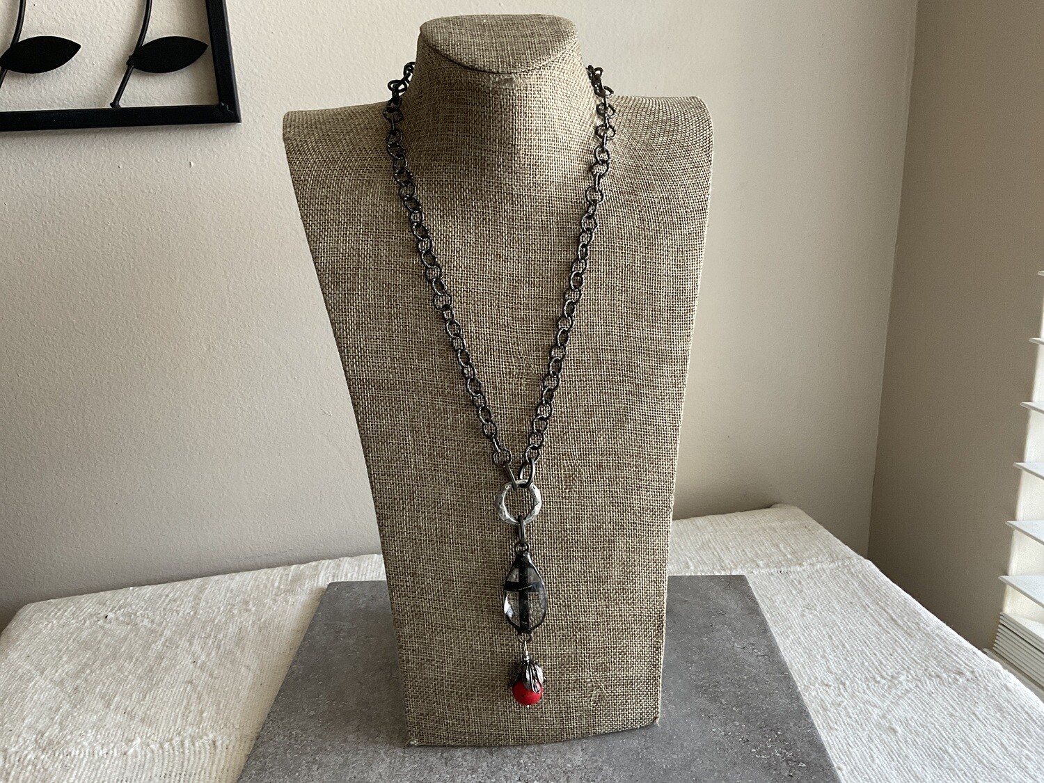 Red Coral & crystal cross necklace