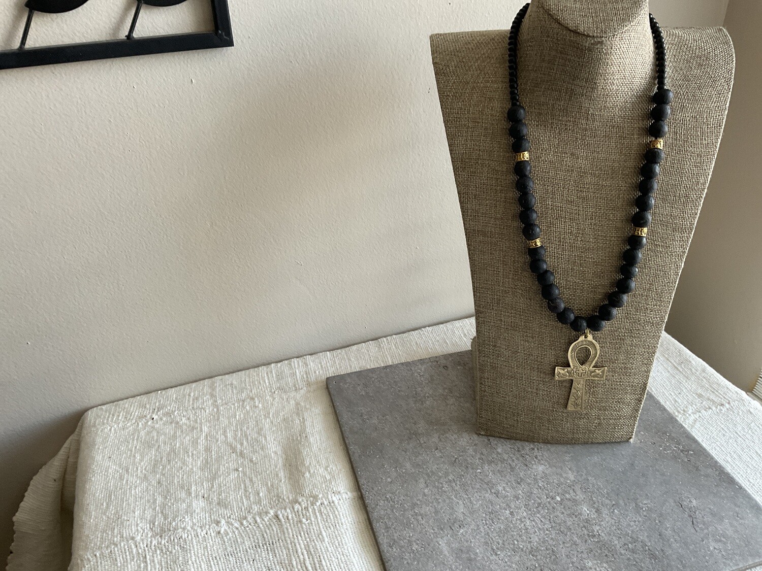 Black Ghana Recycle Sea Glass & Ankh Necklace
