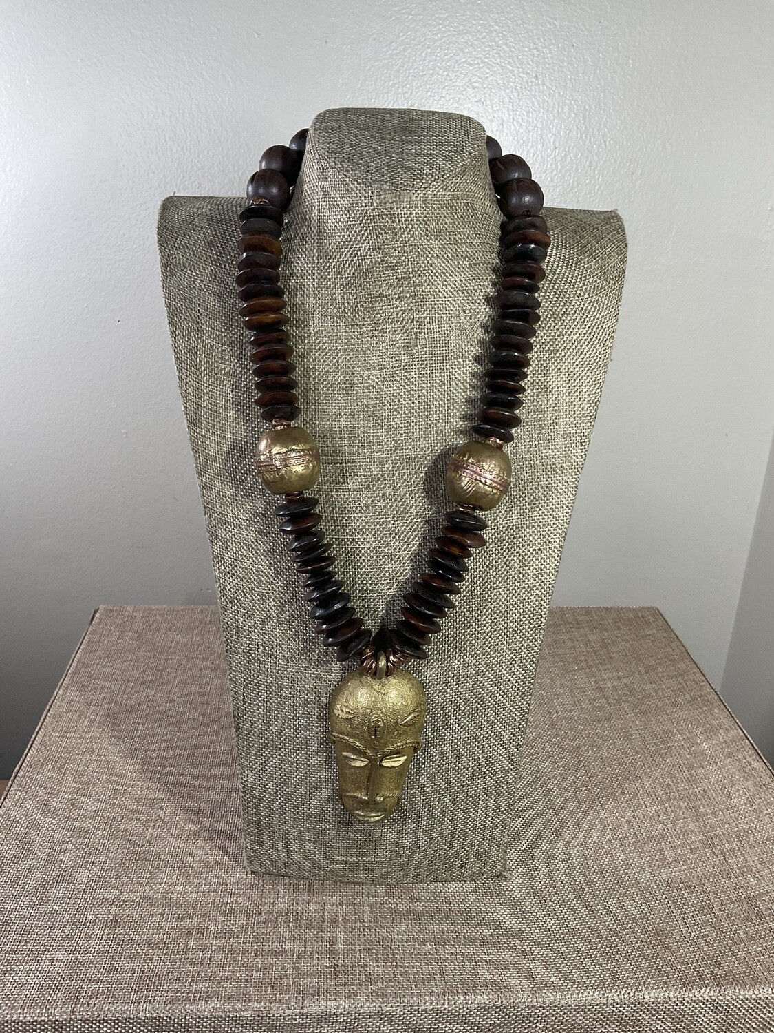 Handcrafted African Beaded Statement Necklace - Navy Blue & Gold Geometric Design main image 0