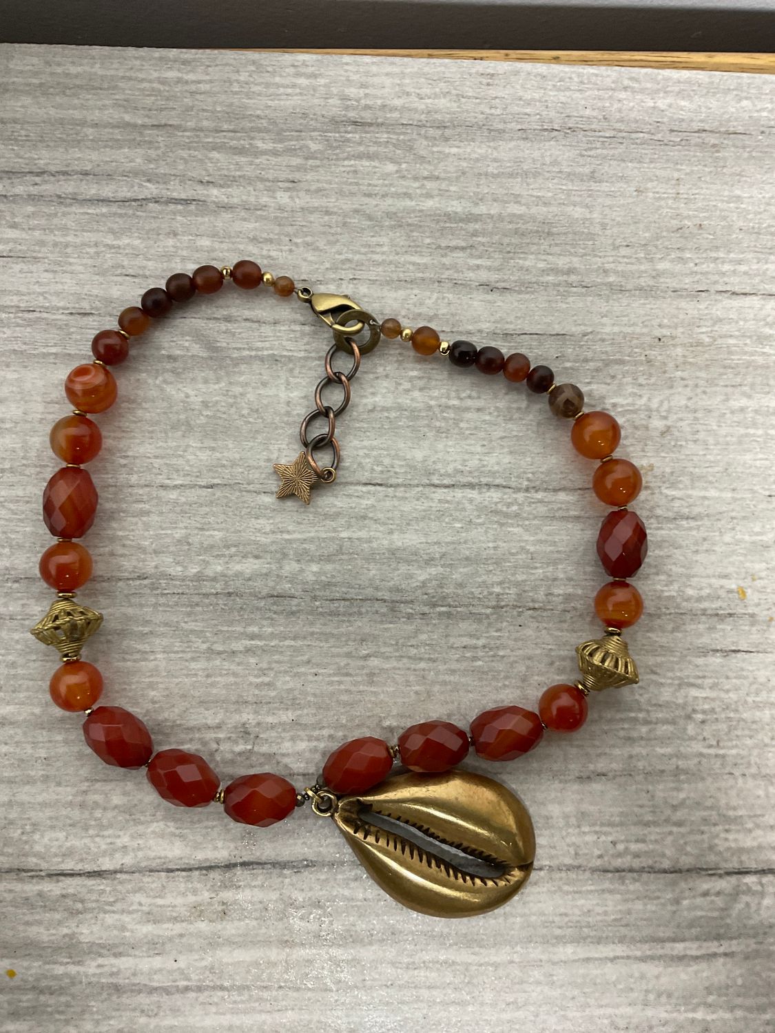 Antique Brass Cowrie Shell and Carnelian  identity Necklace