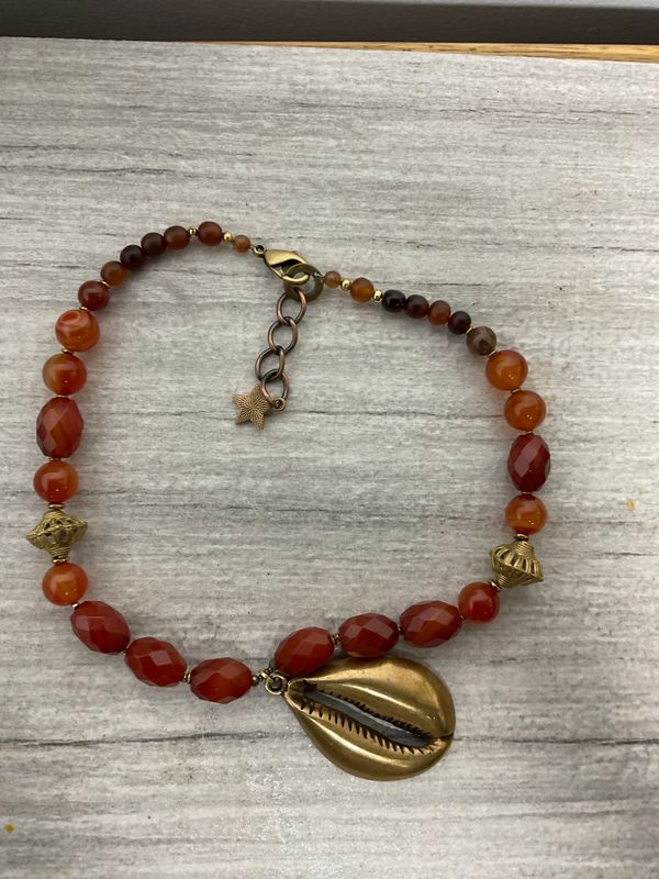 Antique Brass Cowrie Shell and Carnelian identity Necklace Antique Brass Cowrie Shell and Carnelian identity Necklace