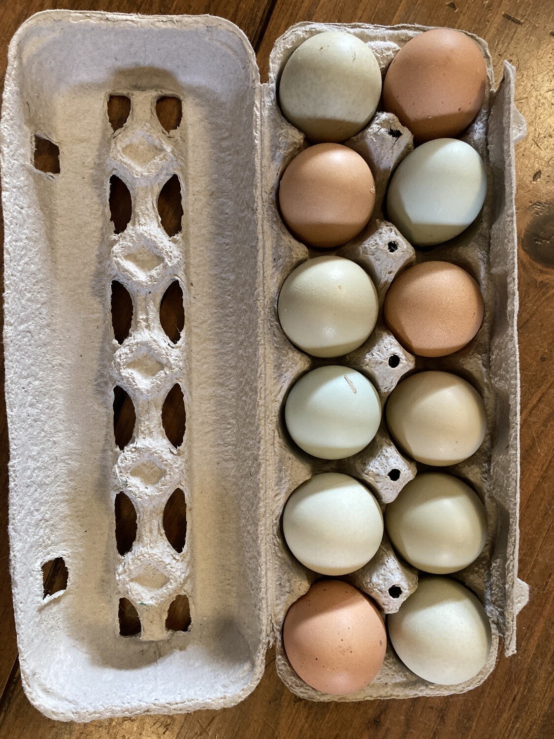 A dozen colorful organic free range farm eggs
