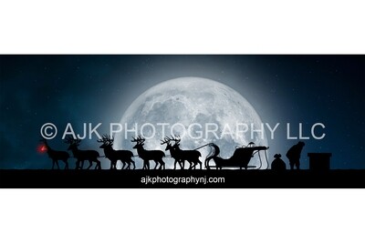 Santa on roof with reindeer, Rudolph eating, snow, moon, chimney, digital background, silhouette Christmas backdrop by Eric Miele from AJK Photography Santa on roof with reindeer, Rudolph eating, snow, moon, chimney, digital background, silhouette Christmas backdrop by Eric Miele from AJK Photography