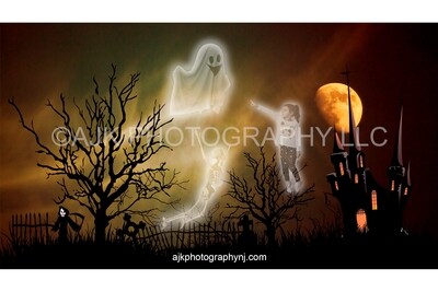 Ghost and skeleton, haunted house, cemetery, spooky, phantom, digital background, halloween background by Eric Miele from AJK Photography Ghost and skeleton, haunted house, cemetery, spooky, phantom, digital background, halloween background by Eric Miele from AJK Photography