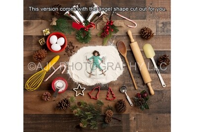 Christmas Flour Angel Digital Backdrop with angel shape in the flour, candy cane, pine cones, silver bells, background by Eric Miele from AJK Photography Christmas Flour Angel Digital Backdrop with angel shape in the flour, candy cane, pine cones, silver bells, background by Eric Miele from AJK Photography