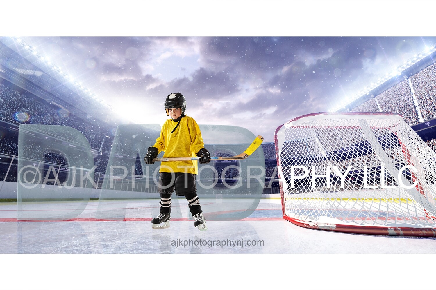 Giant ice letters spelling DAD on an ice hockey rink, Fathers Day digital background