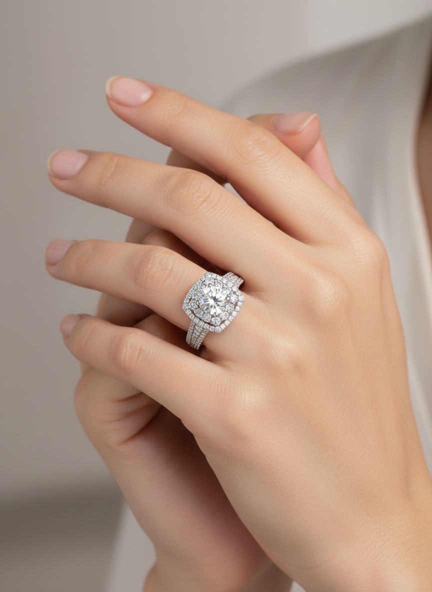 18K Weißgold Cushion Shaped Double Halo Verlobungsring