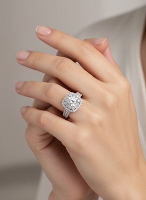 18K Weißgold Cushion Shaped Double Halo Verlobungsring