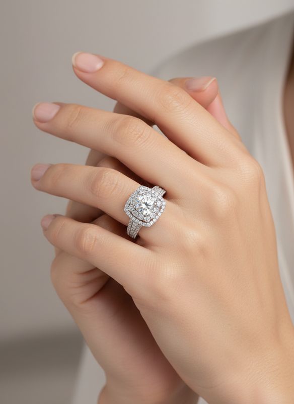 18K Weißgold Cushion Shaped Double Halo Verlobungsring