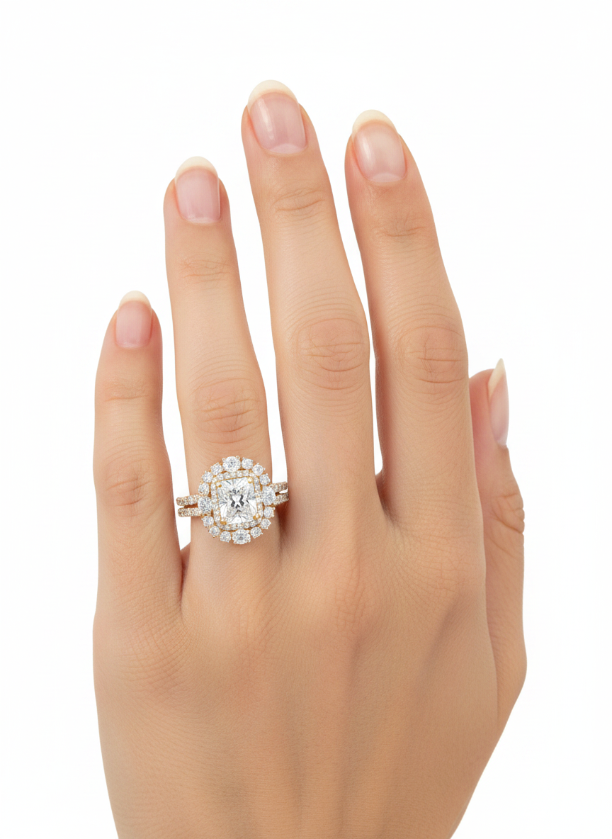 5,53Ct Cushion Shaped Double Halo Diamanten Verlobungsring mit Pave 18K Gelb Gold