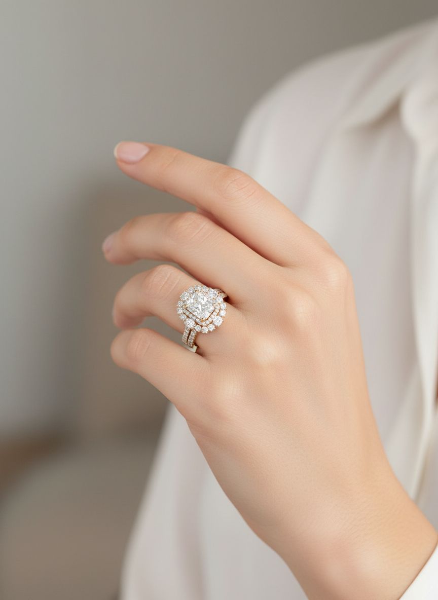 18K Gelbgold Cushion Shaped Double Halo Diamanten Verlobungsring mit Pave