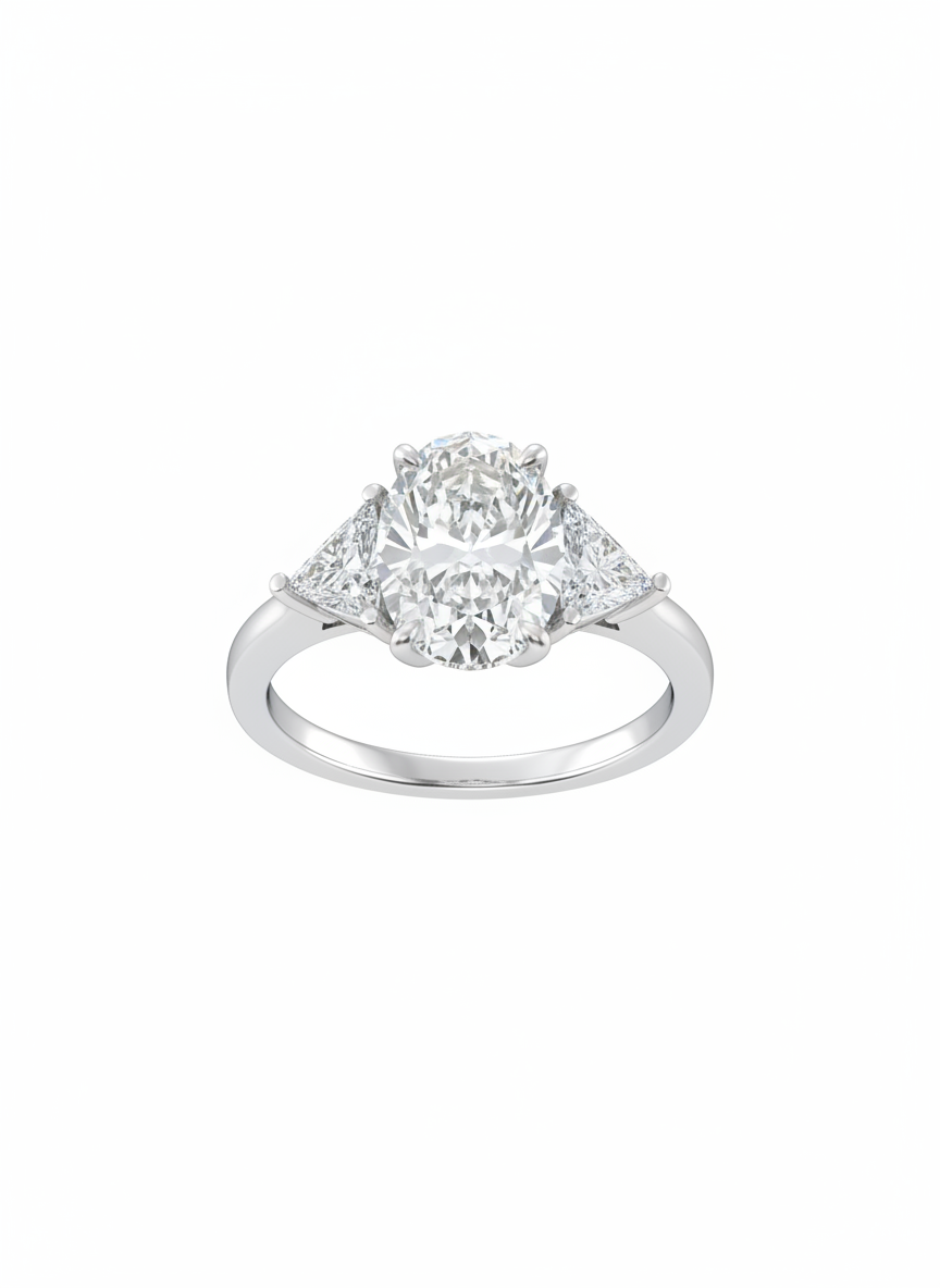 18K Weißgold Oval Shaped Ring mit Triangel Seite Steine Verlobungsring