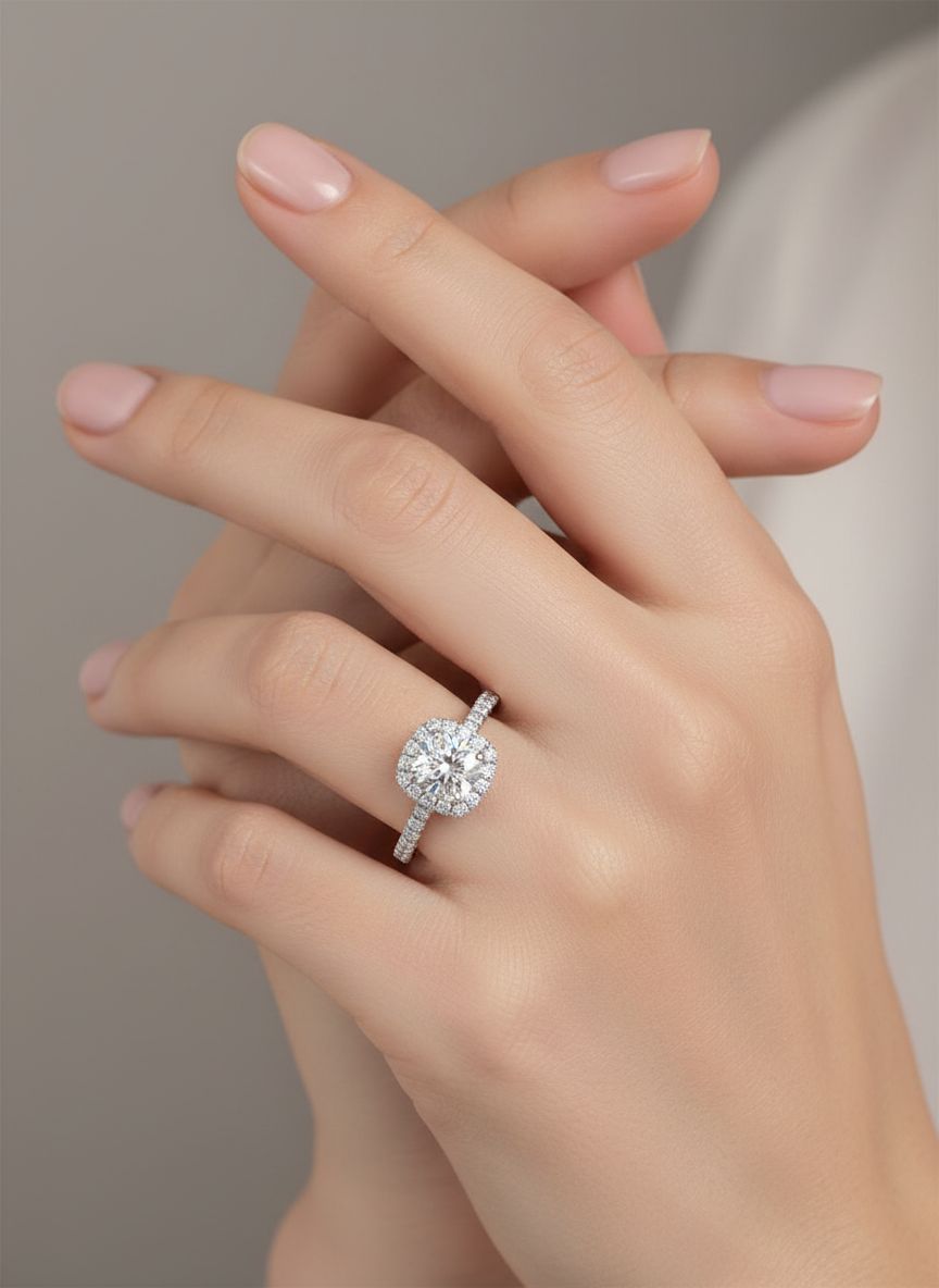 18K Weißgold Cushion Shaped Halo Diamanten Verlobungsring mit Pave