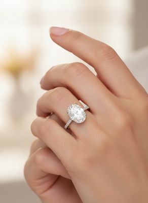 18K Weißgold Oval Solitaire Verlobungsring mit Seitliche Diamanten Hidden Halo