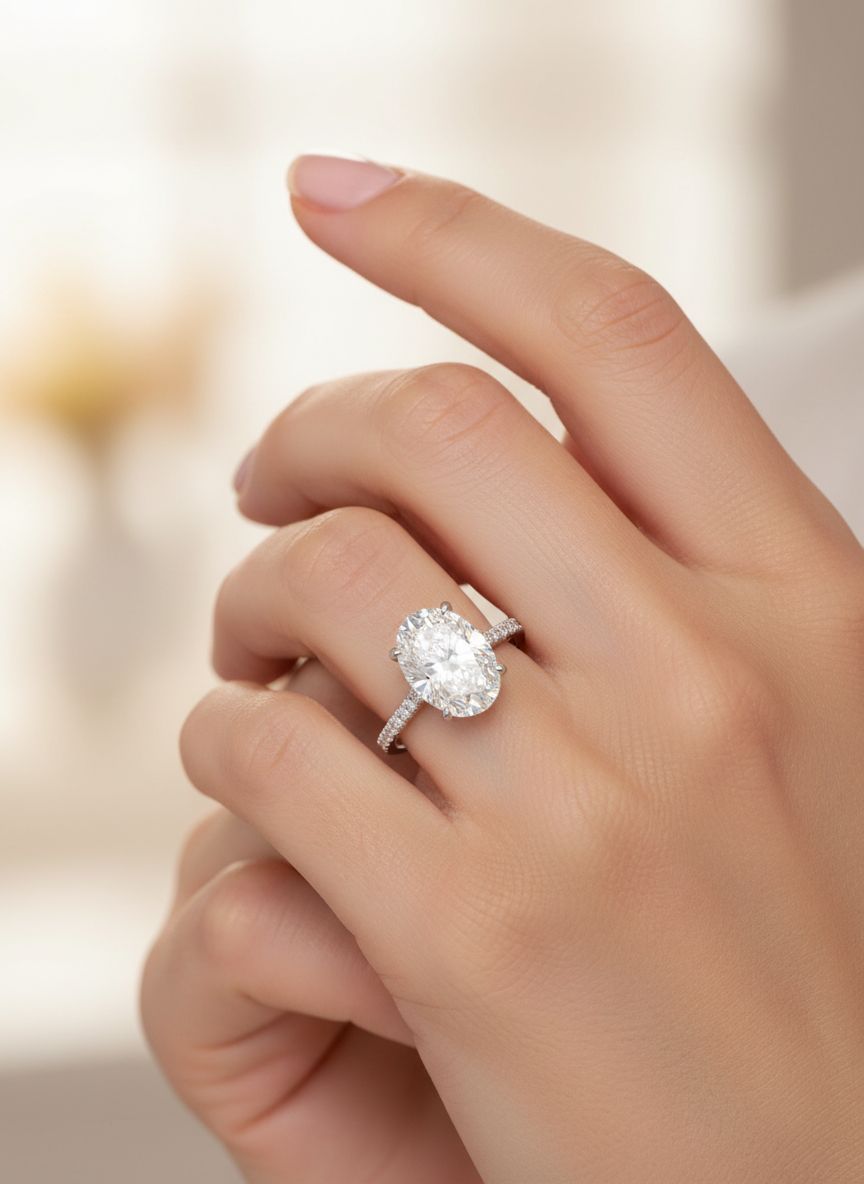 18K Weißgold Oval Solitaire Verlobungsring mit Seitliche Diamanten Hidden Halo