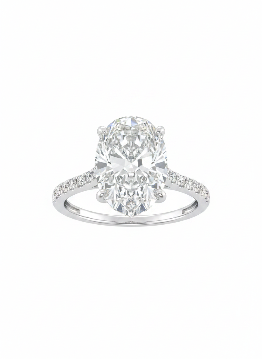 18K Weißgold Oval Solitaire Verlobungsring mit Seitliche Diamanten Hidden Halo