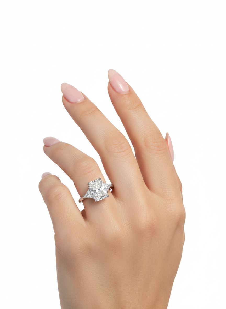 Radiant Shaped Verlobungsring mit Seitliche Triangel Diamanten 18K weiß Gold