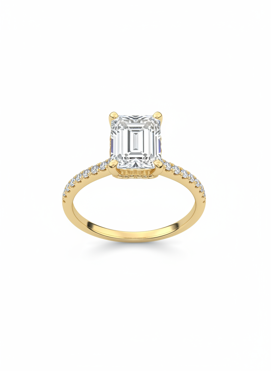 2,34Ct Emerald Shaped Hidden Halo Verlobungsring mit Seitliche Diamanten 18K Gelb Gold