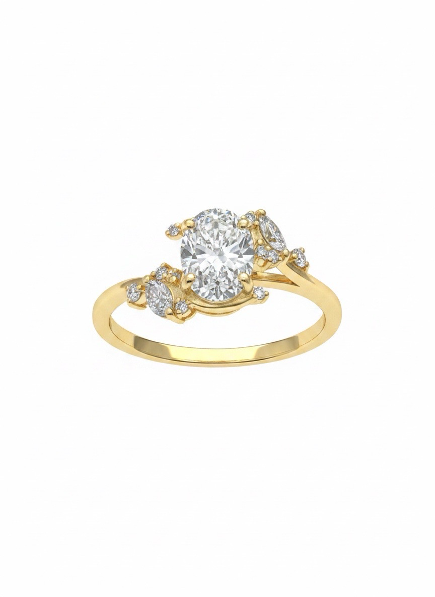 1,40Ct Oval Shaped Diamond Ring with Side Riviera Diamonds in 14K Gelbgold