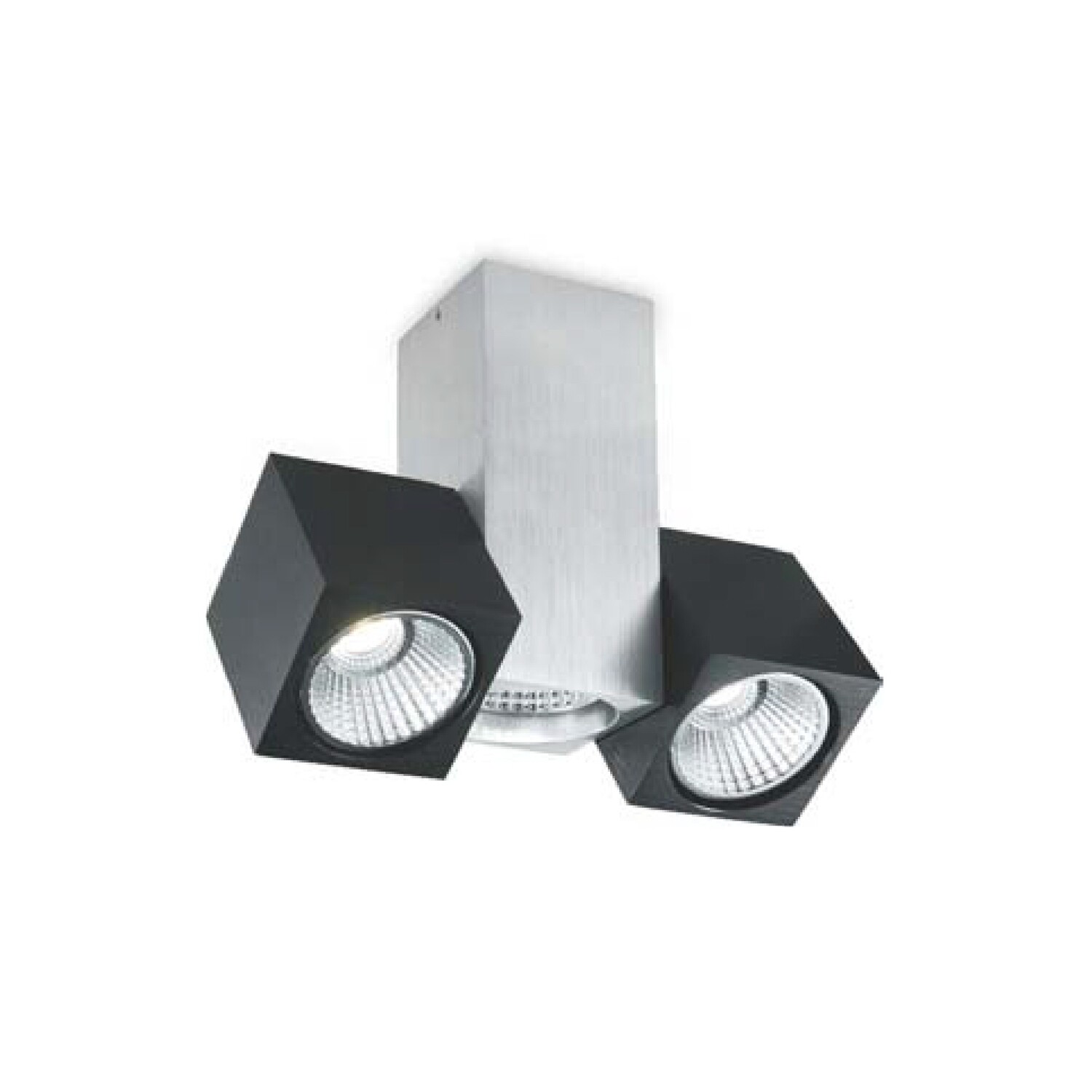 Lámpara LED tipo spot en Doble Cubo color plata y negro con luz cálida de alta intensidad.