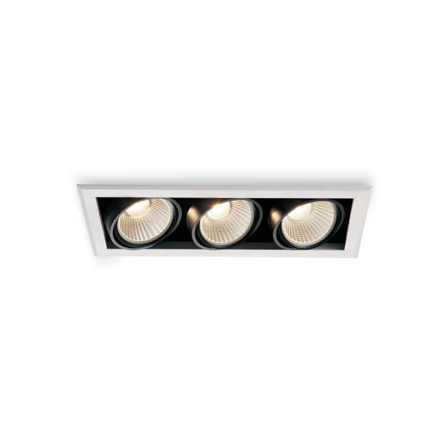 Ojo de buey rectangular con triple luminaria en color blanco y negro con movilidad para enfoque puntual luminosidad alta en luz extra cálida.