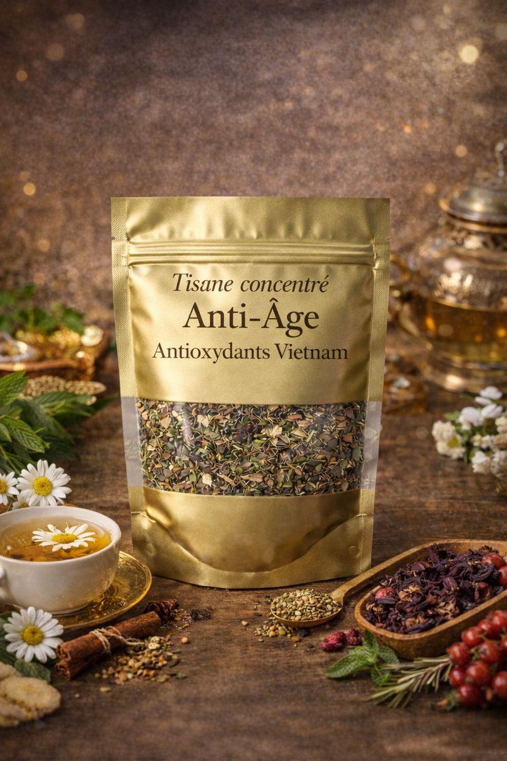Tisane Anti-Âge Premium – Mémoire Boost, Collagène, Poches des Yeux, Élasticité, Astaxanthine, Antioxydants, Anti-Ride &amp; Signes de Vieillissement Cutané (30jours)✨🌿