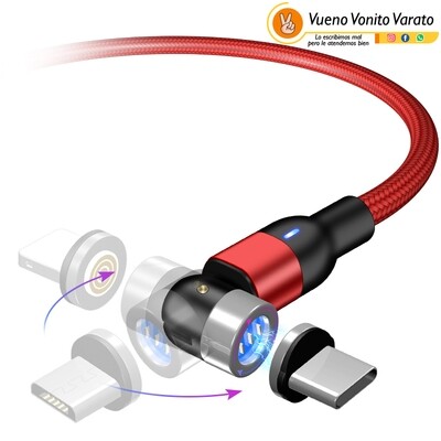 Cable de Carga Magnético 3 en 1 + Cincronizción de Datos. Giratorio 360°+180° Carga Rápida a 3 Amperios de 1 y 2 Metros Compatible con Micro USB, Tipo C, iOS.