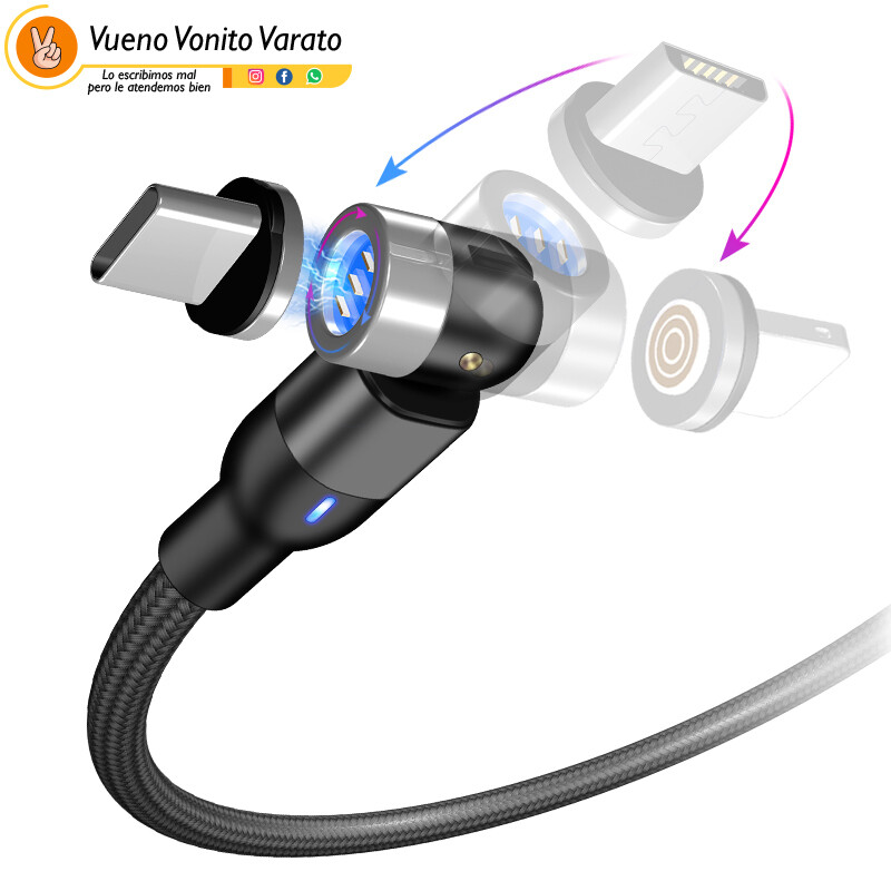 Cable de Carga Magnético 3 en 1 Giratorio 360°+180° Carga Rapida a 2.4 Amperios de 1 y 2 Metros, Compatible con Micro USB, Tipo C, iOS