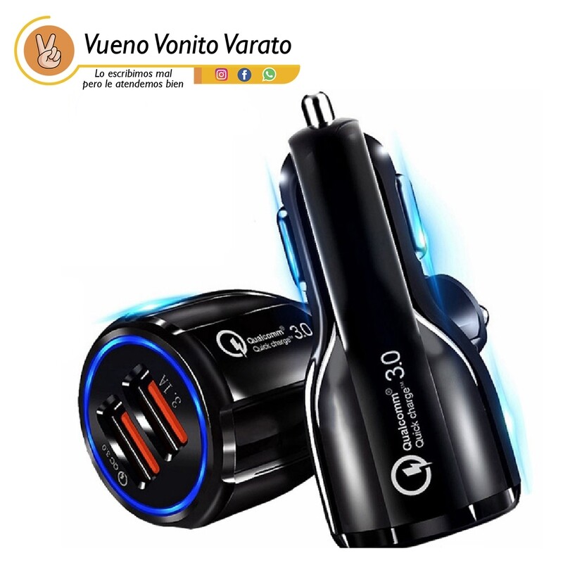 Cargador de Carro de Carga Rápida de 30W Certificado Qualcomm. USB QC 3.0. Output 5 V/12 V/24 V para Samsung, Xiaomi, Apple, Huawei, LG y mas.