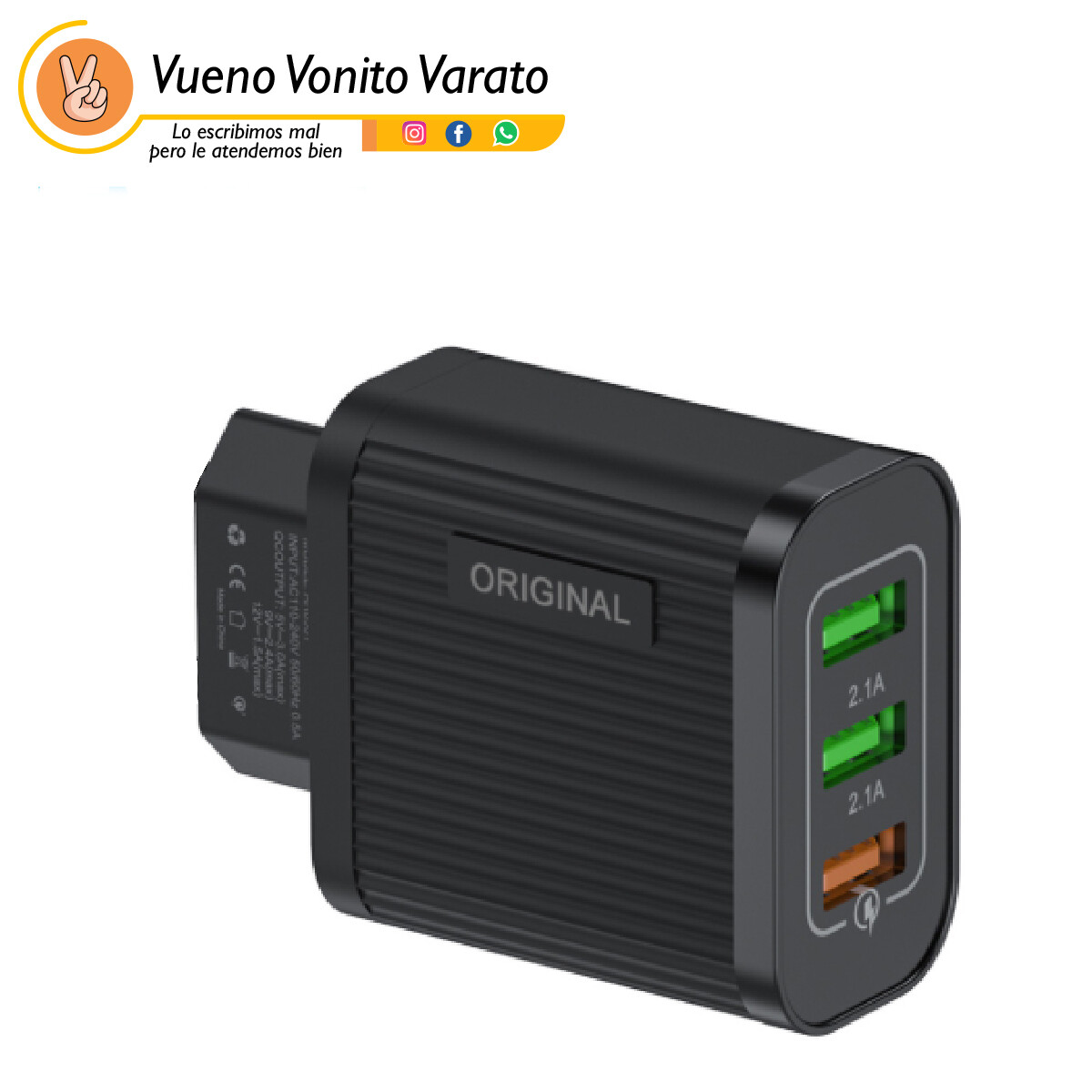 Cargador de Pared, 15W 3 Puertos USB (1 QC 3.0 + 2 x 5V 2,1 A) Certificado Qualcomm. Para iPhone 11, Pro/MAX/XS/XR/XS Max/8/7/6/Plus, iPad, Samsung, Xiaomi, Huawei y más.
