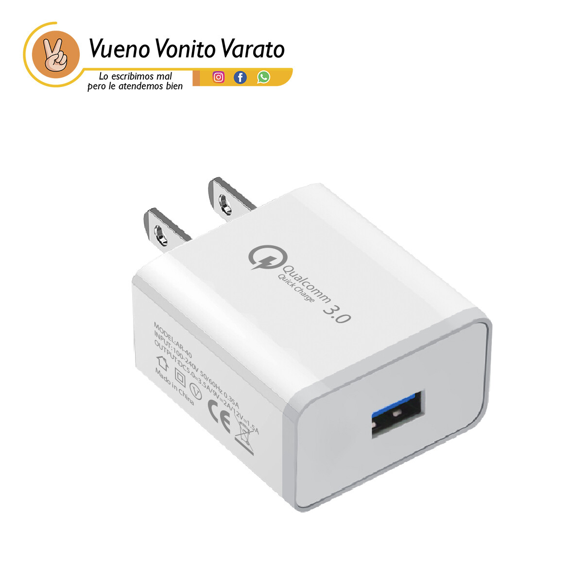 Cargador USB de Pared De Un Puerto. Quick Charge 3.0 [Qualcomm Certificado] Hasta 3.5A - 17.5W. Para Samsung, Iphone, iPad, Xiaomi, LG, y Más