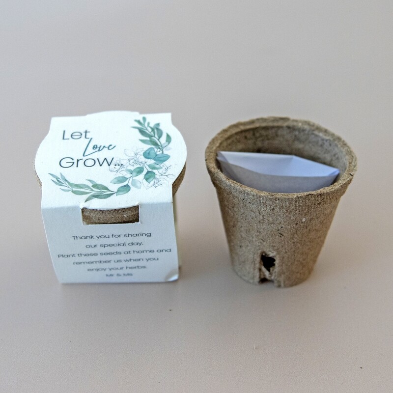 Seed Kits Side 60mm diameter pot, peat pellet, seeds in origami envelope