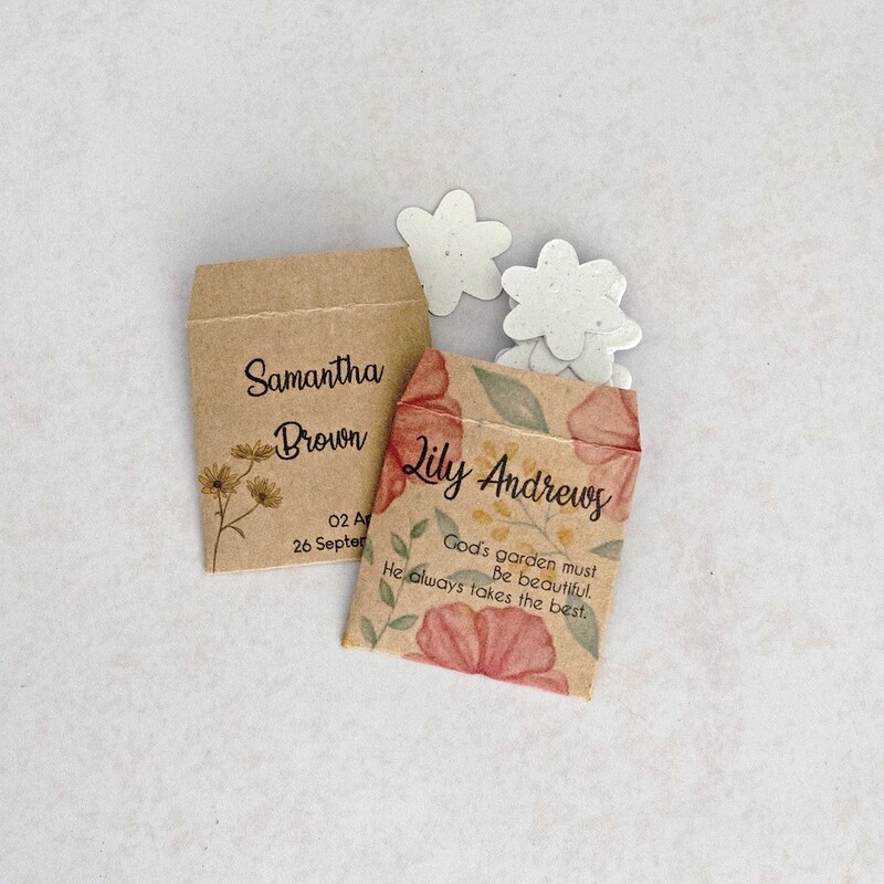 Recycled or Kraft Paper Envelope Packets 60mm x 60mm (small envelopes with 15 Growing Paper confetti shapes inside) Printing Outside