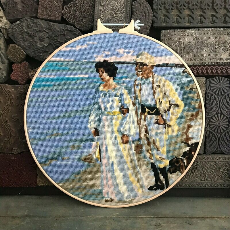 Echtpaar aan het strand, borduurwerk in deco-ring
