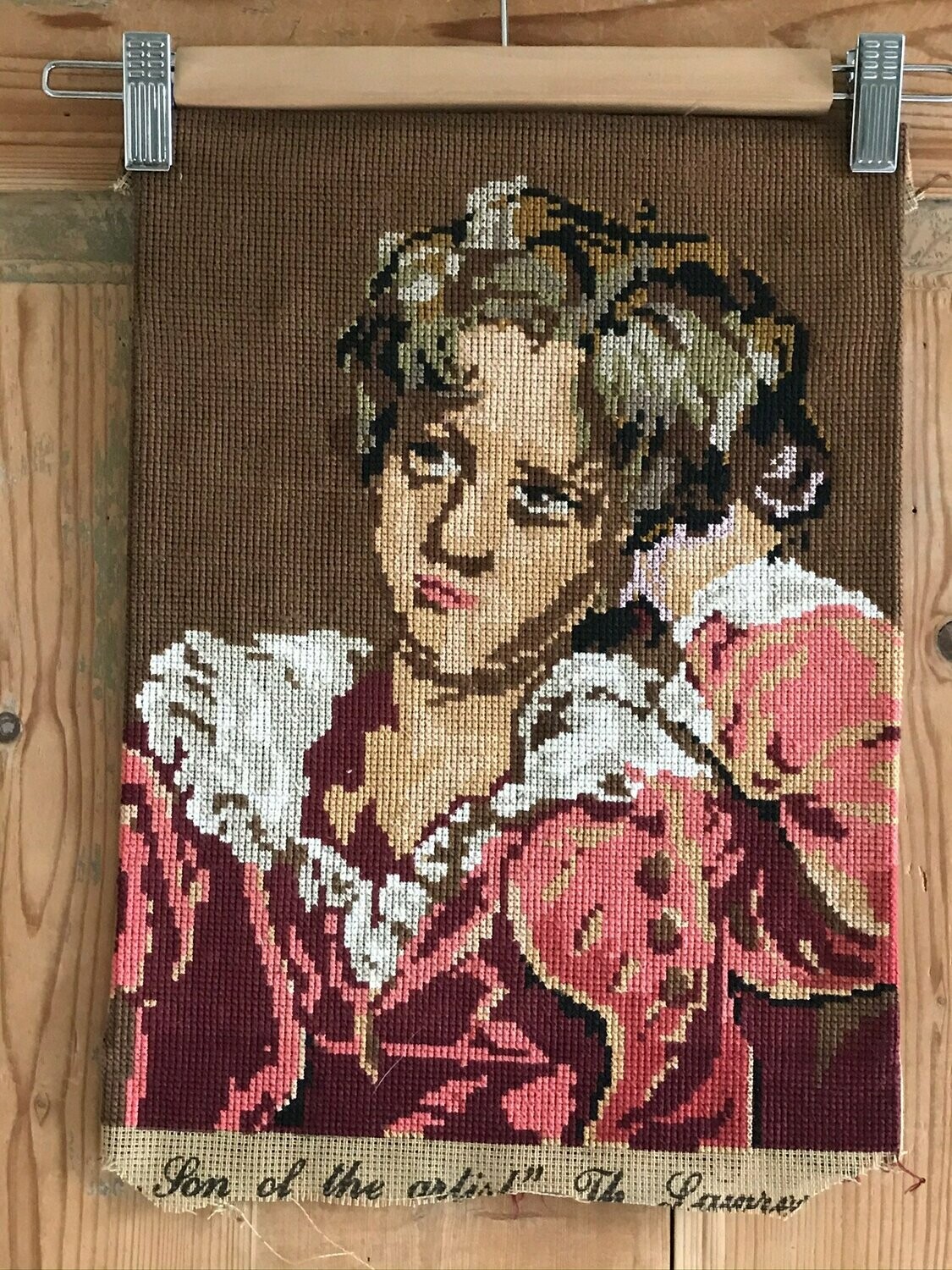 Borduurwerk 'Master Lambton, the red boy', (detail/portret) naar een schilderij van Thomas Lawrence