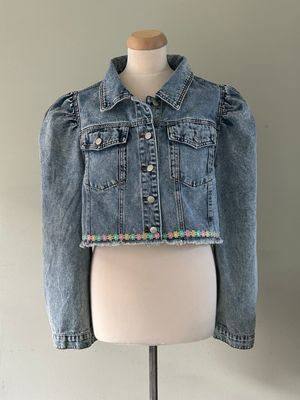 Spijkerjack kort model met ballonmouwen mt XL, 42/44