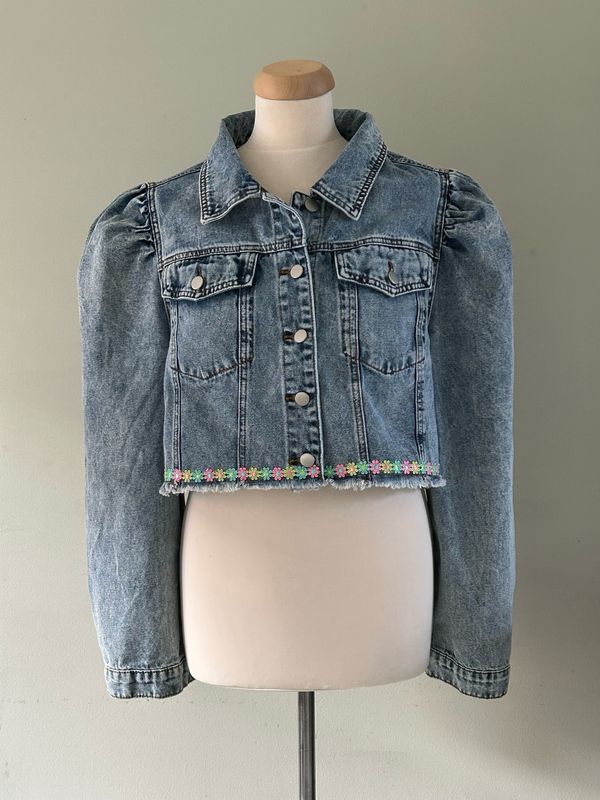 Spijkerjack kort model met ballonmouwen mt XL, 42/44