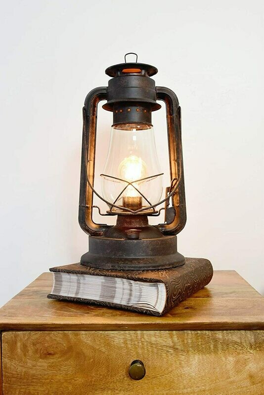 Dimmable Electric Lantern Table Lamp-Large-Rustic Rust Finish