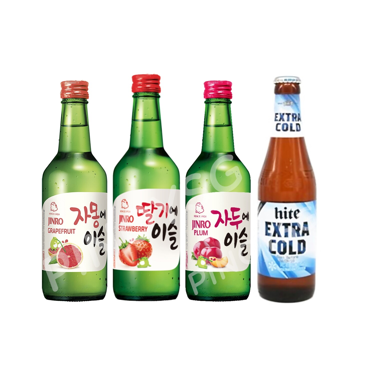 1 Jinro Grapefruit 360ml, 1 Jinro Strawberry 360ml, 1 Jinro Plum 360ml, 1 FREE Hite Extra Cold Bottle 330ml
