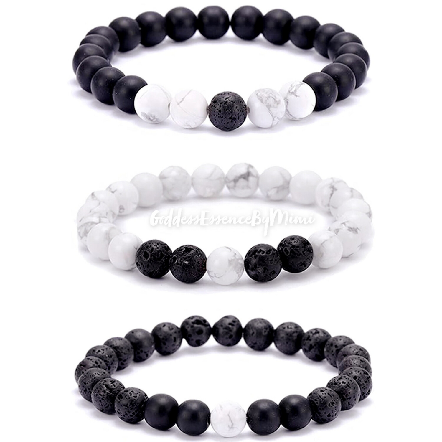 White Howlite, Onyx, Lava Stone Bracelets 