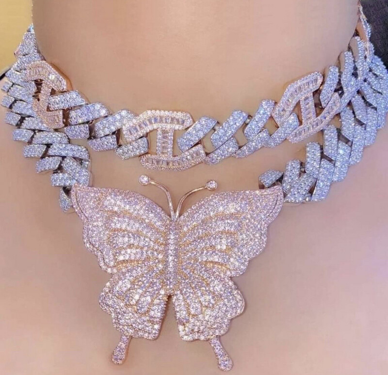  5A CZ Iced Out Cuban Link Butterfly Necklace Set 