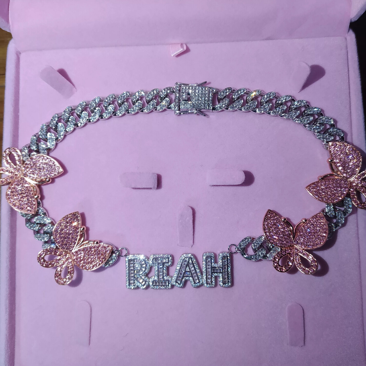  Baguette Block Bling Butterfly Cuban Link Name Necklace/choker